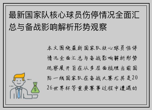 最新国家队核心球员伤停情况全面汇总与备战影响解析形势观察