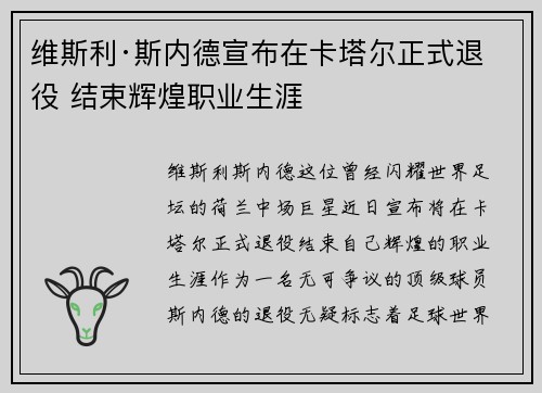 维斯利·斯内德宣布在卡塔尔正式退役 结束辉煌职业生涯 维斯利·斯内德宣布在卡塔尔正式退役 结束辉煌职业生涯